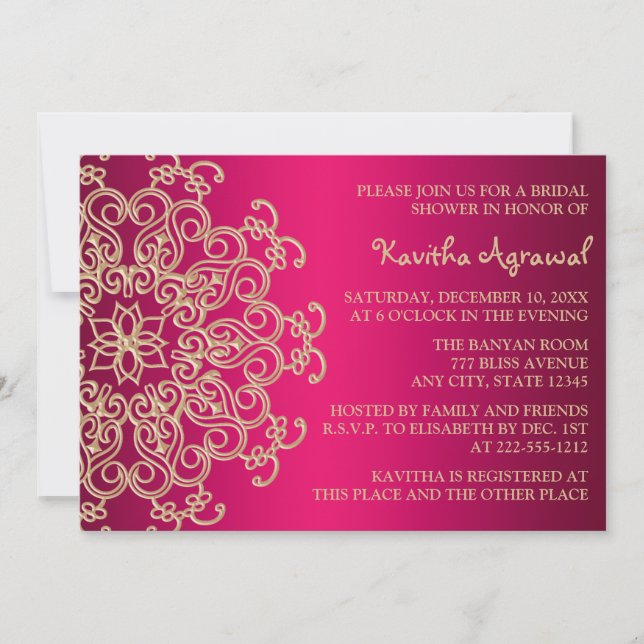 Hot Pink and Gold Indian Inspired Bridal Shower Invitation (Front)