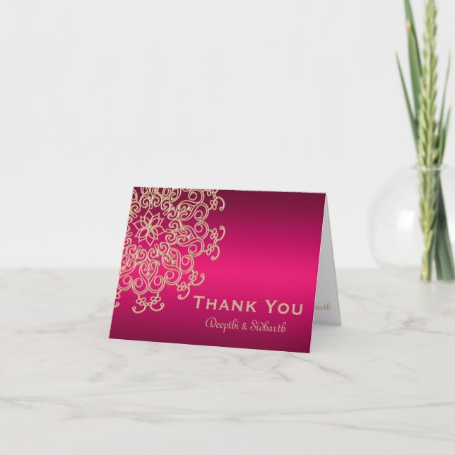 HOT PINK AND GOLD INDIAN STYLE WEDDING THANK YOU CARD (Front)