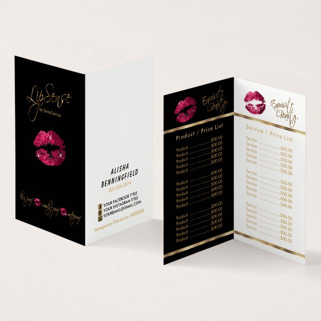 Hot Pink and Gold Lip Price and Service List Business Card (Inside and Outside)