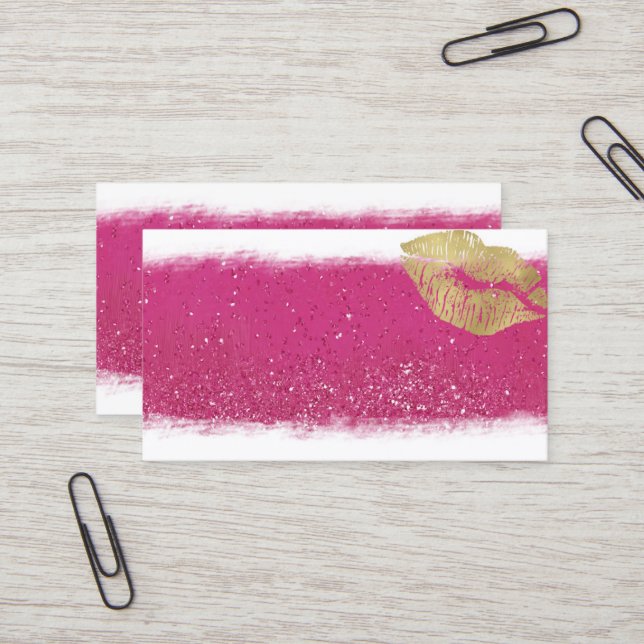 Hot Pink and Gold Lips Business Card Template (Front/Back In Situ)