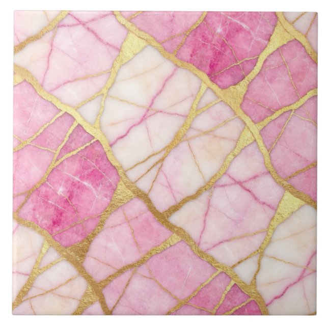 Hot Pink and Gold Marble Ceramic Tile (Front)