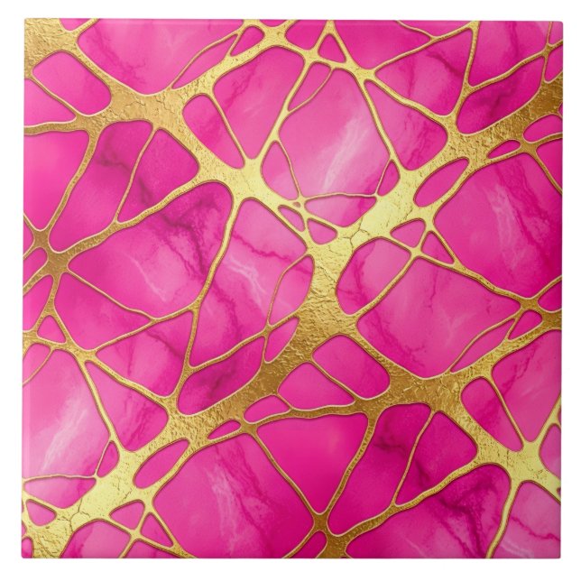 Hot Pink and Gold Marble Ceramic Tile (Front)