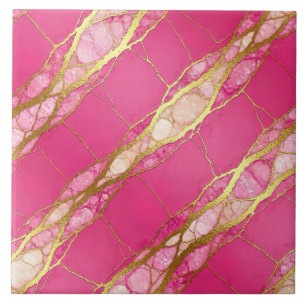 Hot Pink and Gold Marble Ceramic Tile