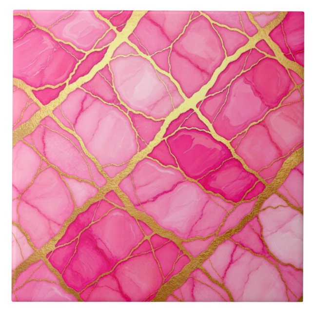 Hot Pink and Gold Marble Ceramic Tile (Front)