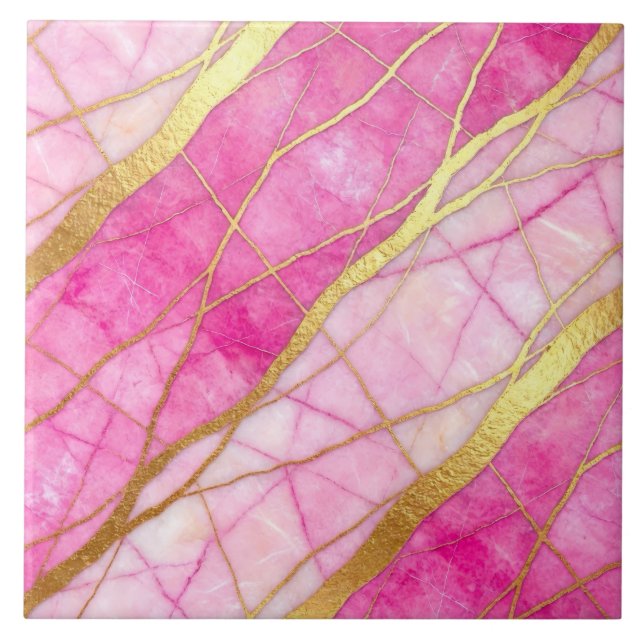 Hot Pink and Gold Marble Ceramic Tile (Front)