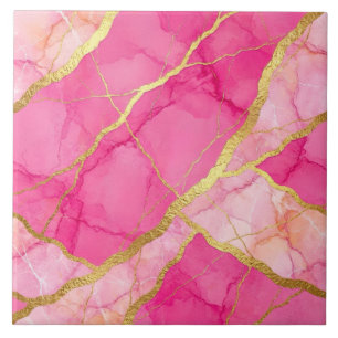 Hot Pink and Gold Marble Ceramic Tile