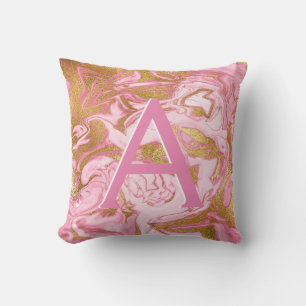 Hot Pink and Gold Marble Monogrammed Initial Cushion