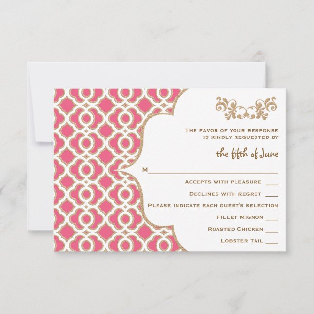 Hot Pink and Gold Moroccan Wedding Response Cards (Front)