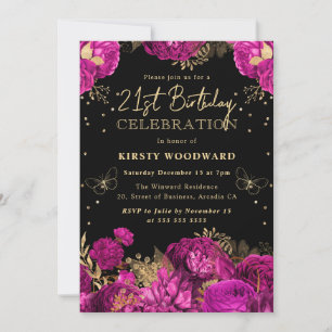 Hot Pink and Gold Roses Floral 21st Birthday Invitation