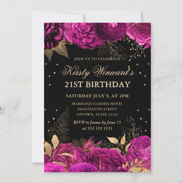 Hot Pink and Gold Roses Floral 21st Birthday Invitation (Front)