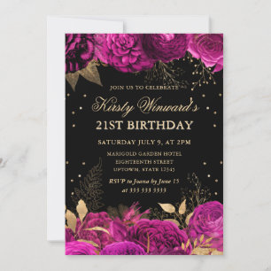 Hot Pink and Gold Roses Floral 21st Birthday Invitation