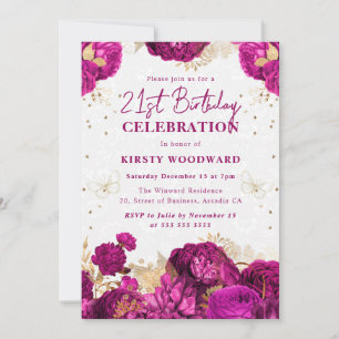 Hot Pink and Gold Roses Floral 21st Birthday Invitation