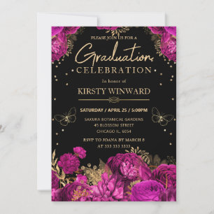 Hot Pink and Gold Roses Floral Graduation Invitation