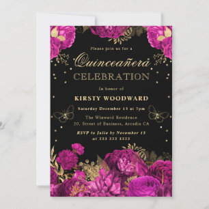 Hot Pink and Gold Roses Floral Quinceanera Invitation