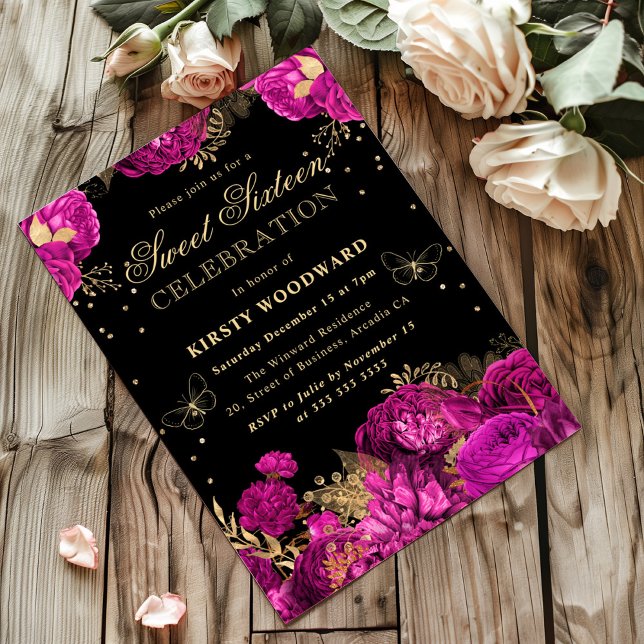 Hot Pink and Gold Roses Floral Sweet Sixteen Invitation (Creator Uploaded)