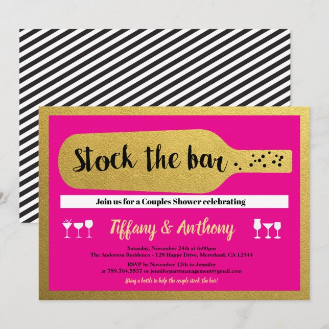 Hot pink and gold stock the bar housewarming invitation (Front/Back)