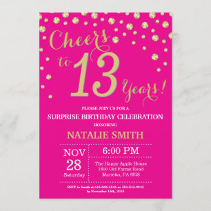Hot Pink and Gold Surprise 13th Birthday Diamond Invitation