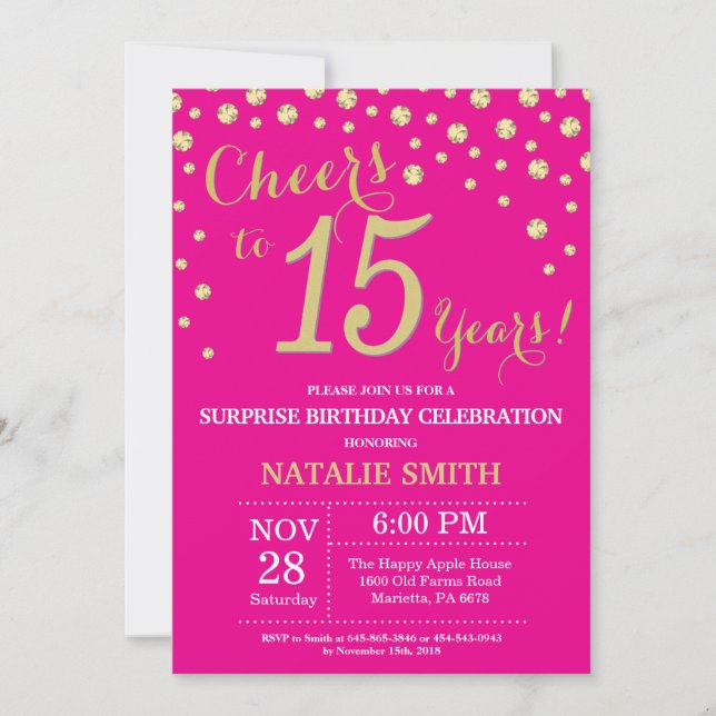 Hot Pink and Gold Surprise 15th Birthday Diamond Invitation (Front)