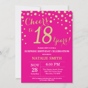 Hot Pink and Gold Surprise 18th Birthday Diamond Invitation