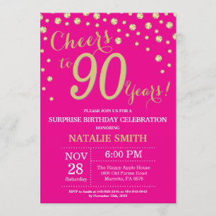 Hot Pink and Gold Surprise 90th Birthday Diamond Invitation