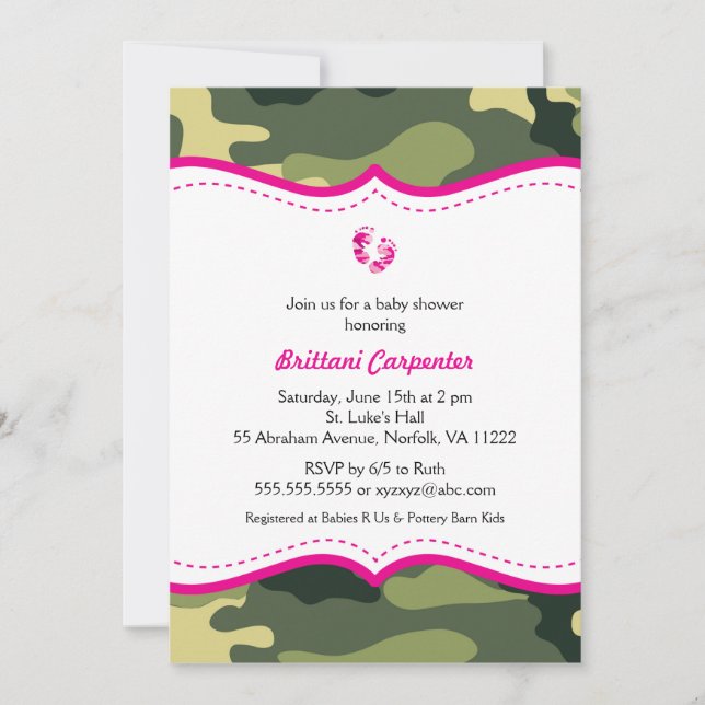 Hot Pink and Green Camouflage Baby Shower invites (Front)