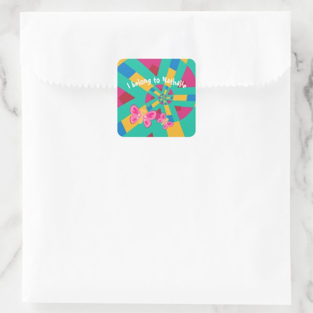 Hot Pink and green pattern with pink butterfly  Square Sticker (Bag)
