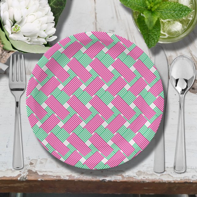 Hot Pink and Green Stripes Paper Plate (Hot pink and green diagonal stripes paper plates)