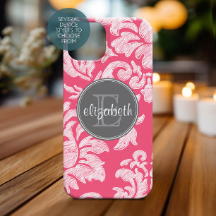 Hot Pink and Grey Chalkboard Damask with Monogram iPhone 15 Case