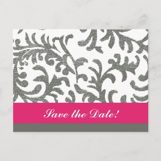 Hot Pink and Grey Floral Pattern Announcement Postcard (Front)