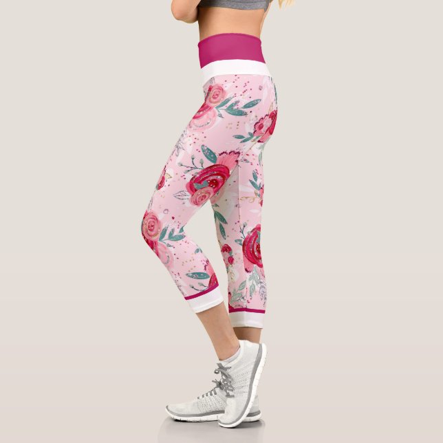 Hot Pink and Light Pink Glitter Rose   Capri Leggings (Left)
