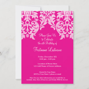 Hot Pink and Lime Girly Damask Pattern Invitation