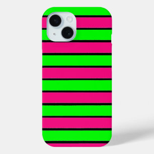 Hot Pink and Lime Green Stripes iPhone 15 Case
