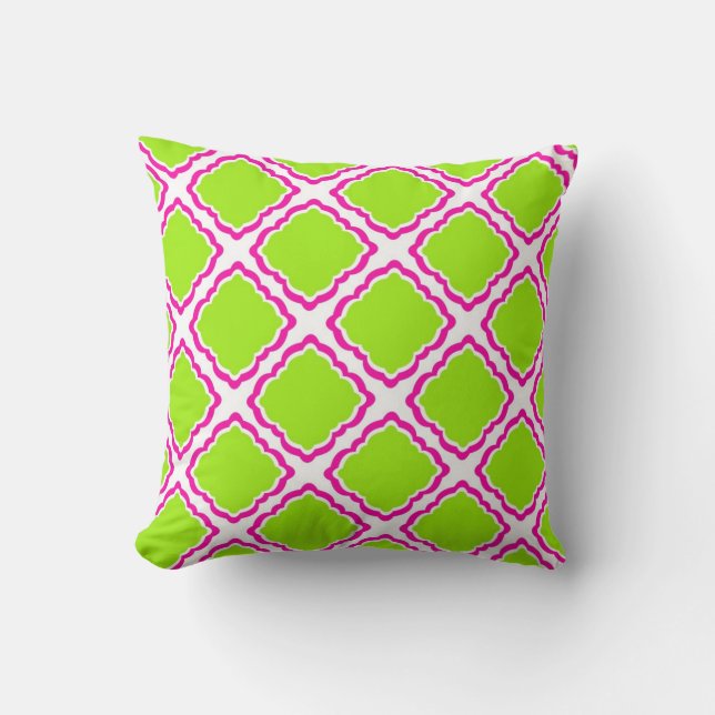 Hot pink and lime lattice pattern cushion (Front)