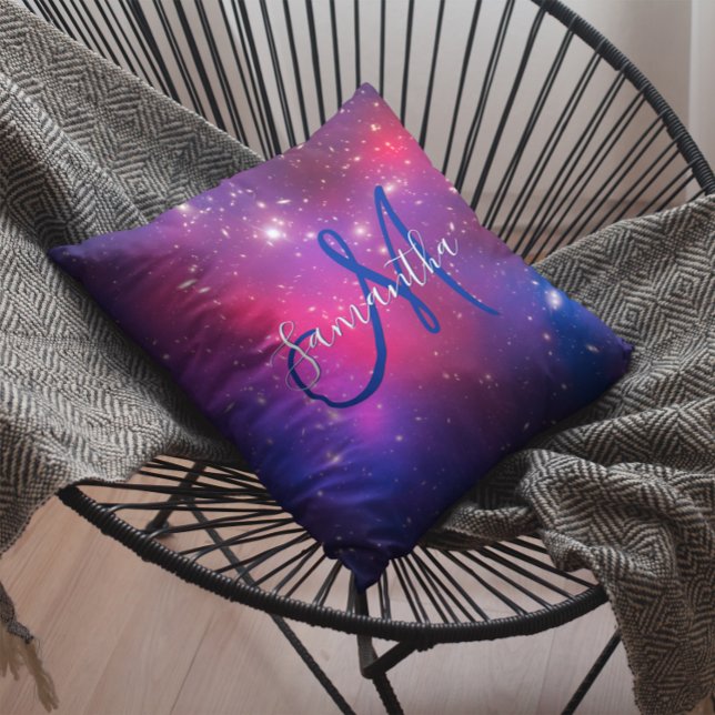 Hot Pink and Navy Blue Celestial Monogram Photo Cushion (Hot Pink and Navy Blue Celestial Monogram Throw Pillow)