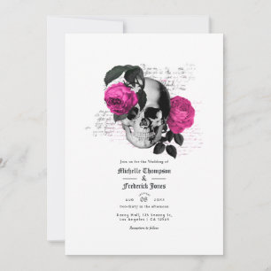 Hot-Pink and Navy Blue Floral Gothic Wedding Invitation