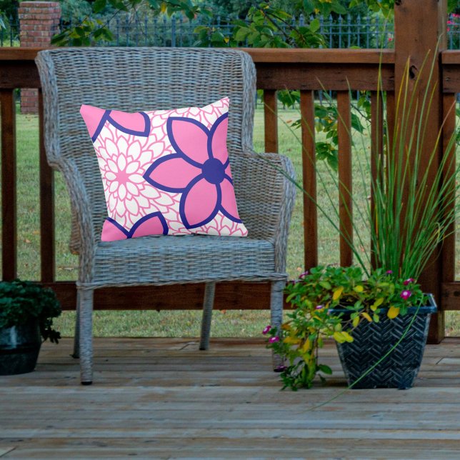Hot Pink and Navy Blue Modern Floral Outdoor Cushion (Creator Uploaded)