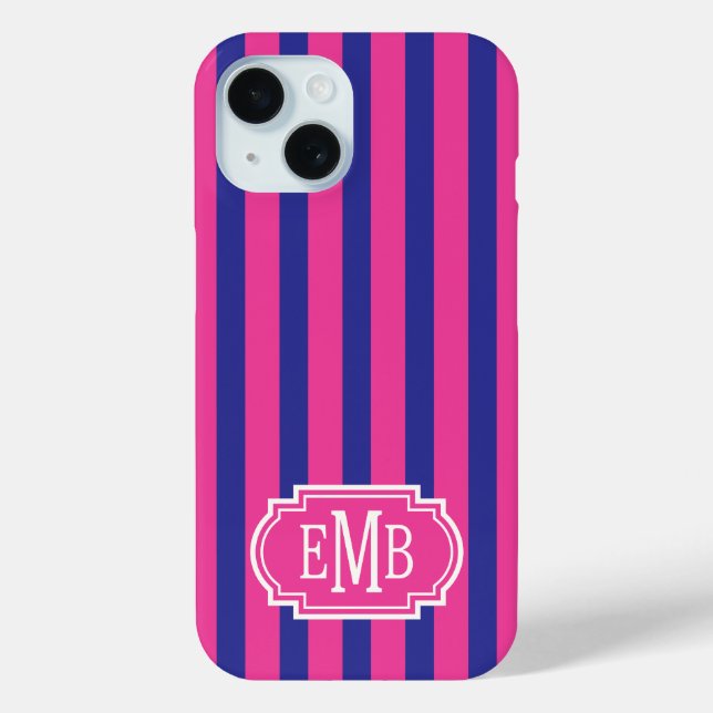 Hot Pink and Navy Blue Monogrammed Stripes Case-Mate iPhone Case (Back)