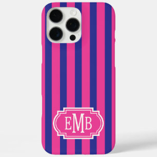 Hot Pink and Navy Blue Monogrammed Stripes iPhone 16 Pro Max Case