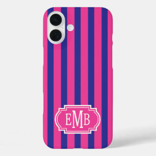 Hot Pink and Navy Blue Monogrammed Stripes iPhone 16 Plus Case
