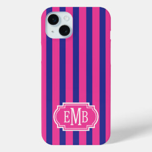 Hot Pink and Navy Blue Monogrammed Stripes iPhone 15 Mini Case