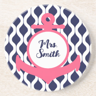 Hot Pink and Navy Blue Nautical Anchor Coaster