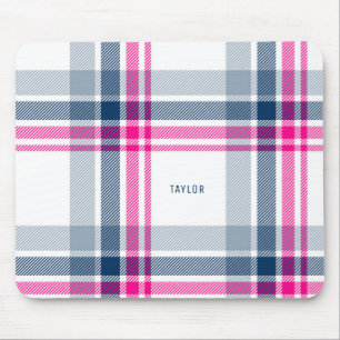 Hot Pink and Navy Blue Plaid Pattern Personalised Mouse Pad