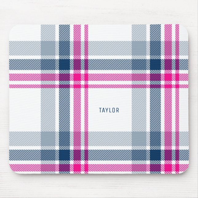 Hot Pink and Navy Blue Plaid Pattern Personalised Mouse Pad (Front)