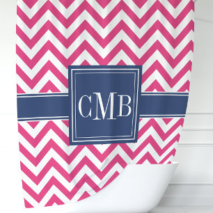 Hot Pink and Navy Chevron Stripes Monogram Shower Curtain