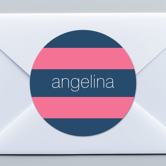 Hot Pink and Navy Modern Rugby Stripes with Name Classic Round Sticker (Custom Sticker for Party Favors or Envelopes)