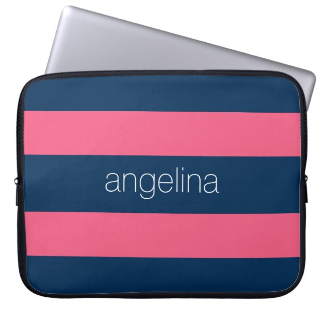 Hot Pink and Navy Modern Rugby Stripes with Name Laptop Sleeve (Front)