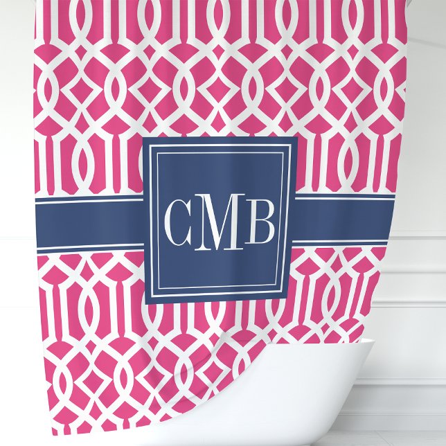 Hot Pink and Navy Moroccan Trellis Monogram Shower Curtain (Creator Uploaded)
