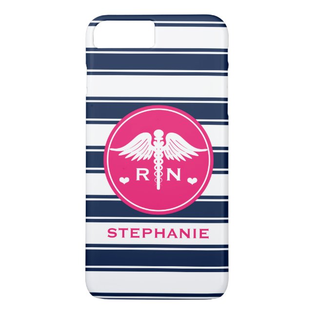 HOT PINK AND NAVY STRIPE CADUCEUS NURSE RN Case-Mate iPhone CASE (Back)