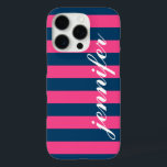 Hot Pink and Navy Stripes Custom Script Monogram iPhone 16 Pro Case<br><div class="desc">Dress up and protect your iphone with a preppy,  modern and bold striped pattern design that is custom monogrammed with your first name in a lowercase script font.  Dark navy / indigo blue and hot magenta pink horizontal stripes contrasted with white text.</div>