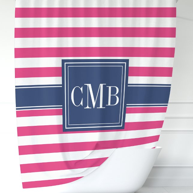 Hot Pink and Navy Stripes Nautical Monogram Shower Curtain (Creator Uploaded)